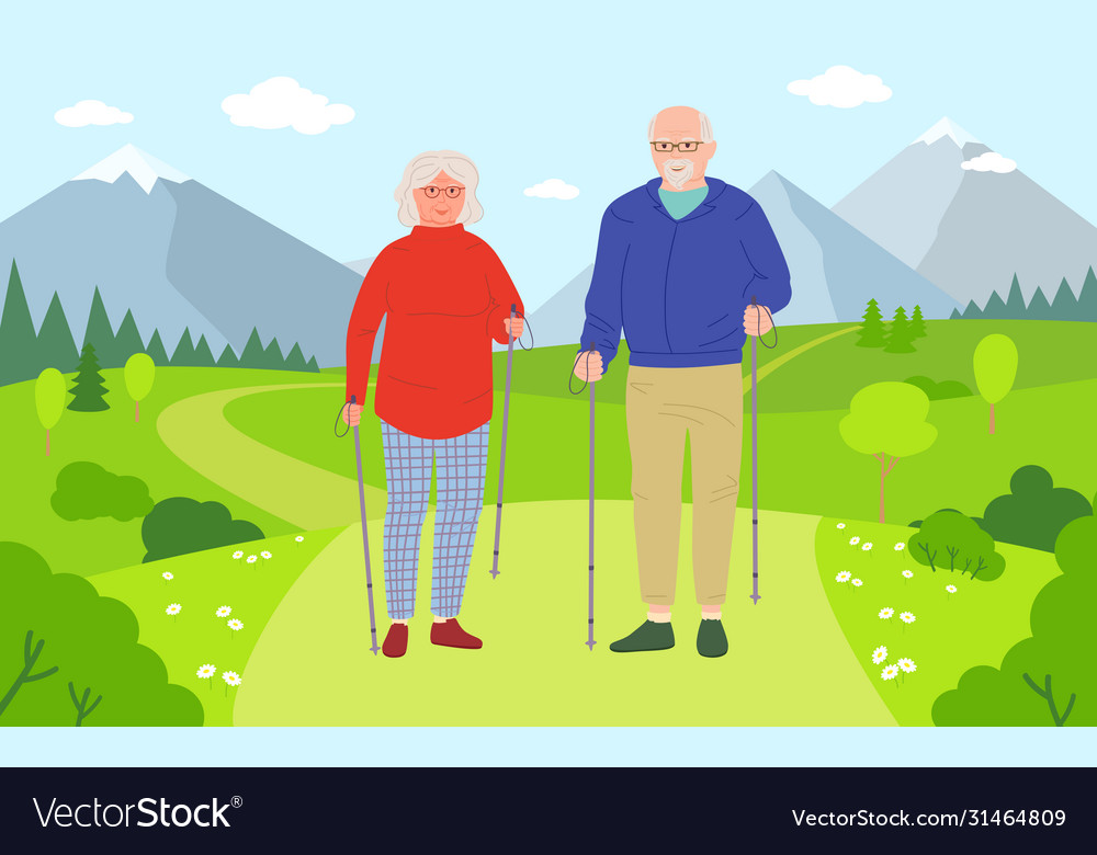 Old Men And Women Hiking Walking Cartoon Vector Image